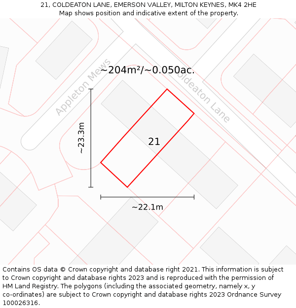 21, COLDEATON LANE, EMERSON VALLEY, MILTON KEYNES, MK4 2HE: Plot and title map