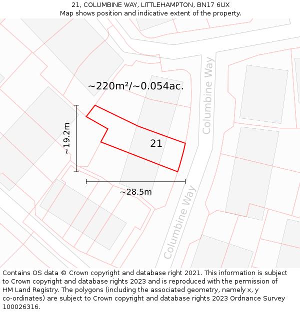 21, COLUMBINE WAY, LITTLEHAMPTON, BN17 6UX: Plot and title map