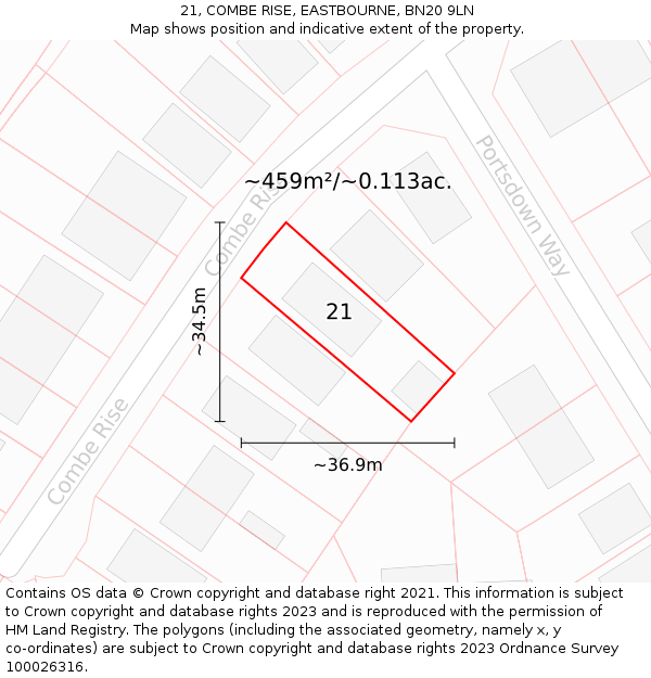 21, COMBE RISE, EASTBOURNE, BN20 9LN: Plot and title map