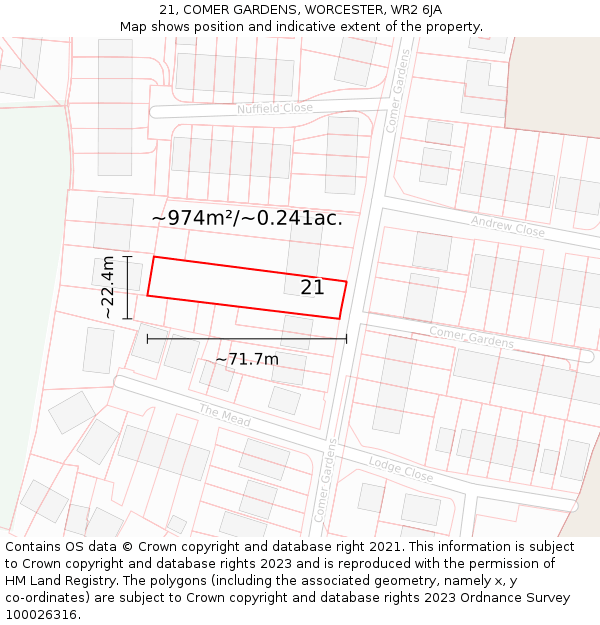 21, COMER GARDENS, WORCESTER, WR2 6JA: Plot and title map