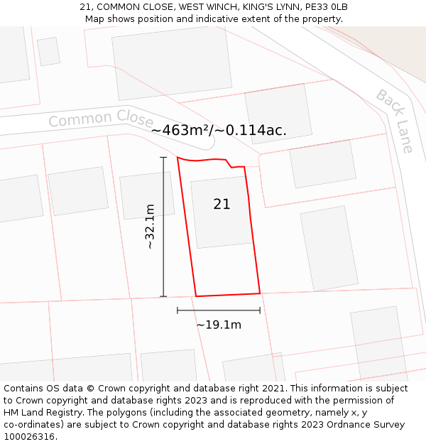 21, COMMON CLOSE, WEST WINCH, KING'S LYNN, PE33 0LB: Plot and title map