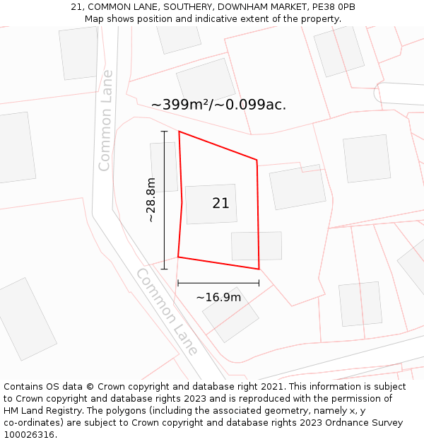 21, COMMON LANE, SOUTHERY, DOWNHAM MARKET, PE38 0PB: Plot and title map