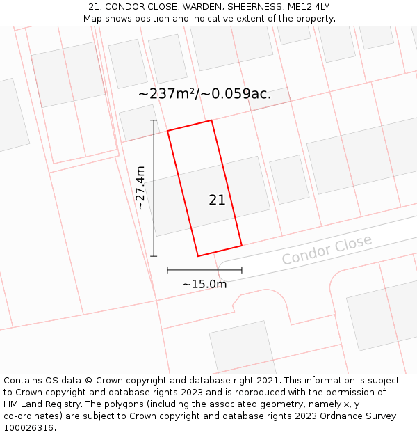 21, CONDOR CLOSE, WARDEN, SHEERNESS, ME12 4LY: Plot and title map