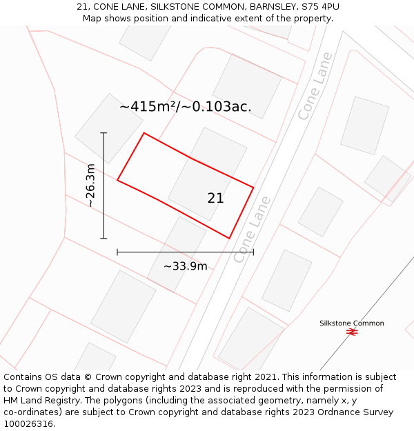 21, CONE LANE, SILKSTONE COMMON, BARNSLEY, S75 4PU: Plot and title map