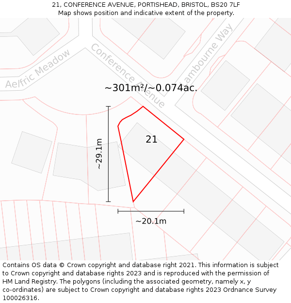 21, CONFERENCE AVENUE, PORTISHEAD, BRISTOL, BS20 7LF: Plot and title map