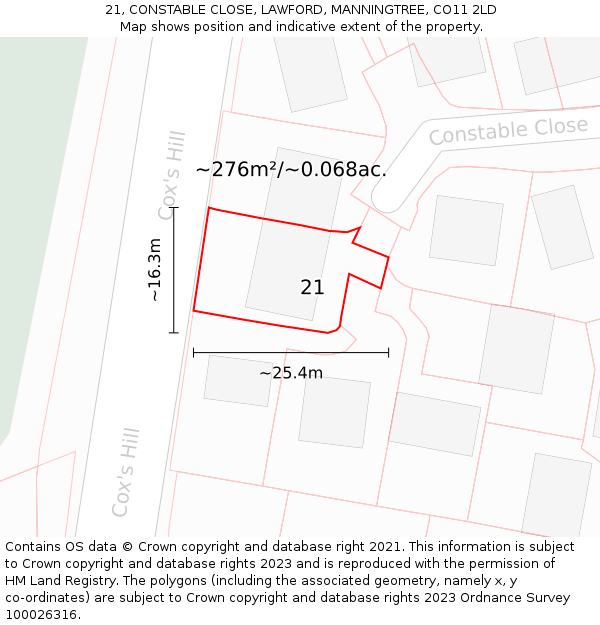 21, CONSTABLE CLOSE, LAWFORD, MANNINGTREE, CO11 2LD: Plot and title map