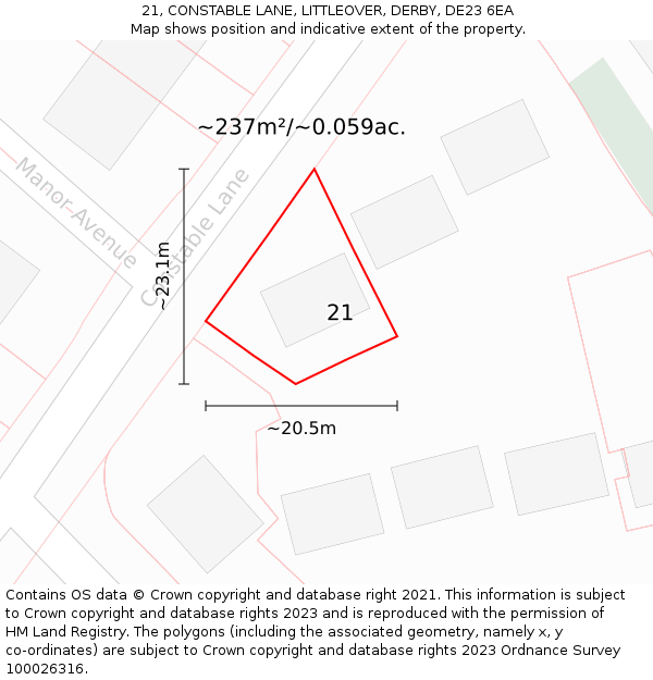 21, CONSTABLE LANE, LITTLEOVER, DERBY, DE23 6EA: Plot and title map