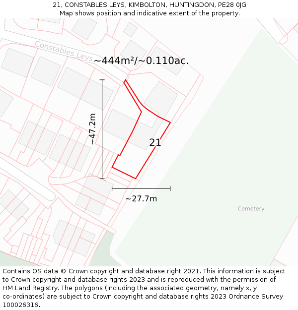 21, CONSTABLES LEYS, KIMBOLTON, HUNTINGDON, PE28 0JG: Plot and title map