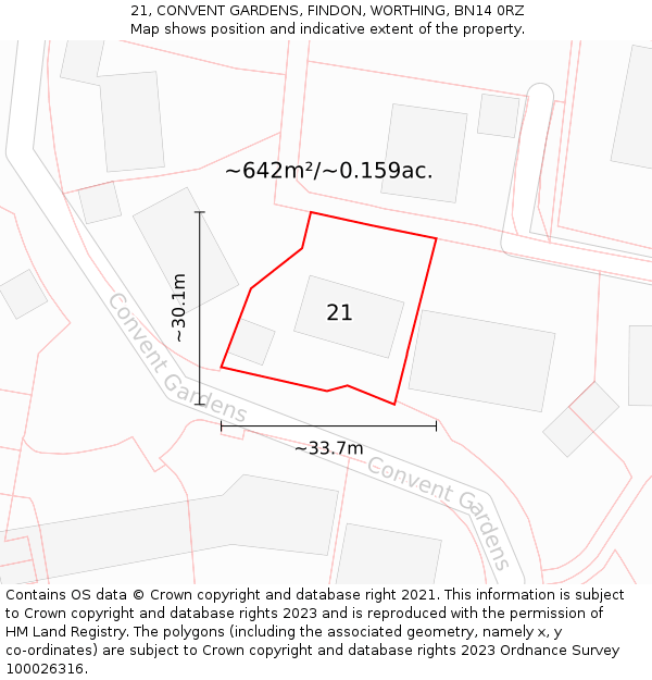 21, CONVENT GARDENS, FINDON, WORTHING, BN14 0RZ: Plot and title map