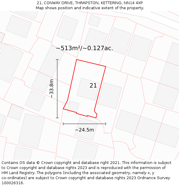 21, CONWAY DRIVE, THRAPSTON, KETTERING, NN14 4XP: Plot and title map