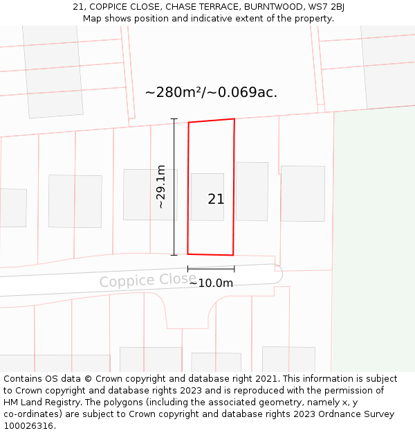 21, COPPICE CLOSE, CHASE TERRACE, BURNTWOOD, WS7 2BJ: Plot and title map