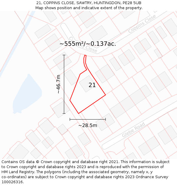 21, COPPINS CLOSE, SAWTRY, HUNTINGDON, PE28 5UB: Plot and title map