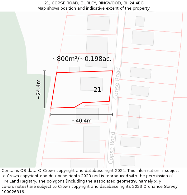 21, COPSE ROAD, BURLEY, RINGWOOD, BH24 4EG: Plot and title map