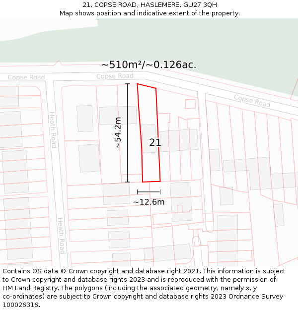 21, COPSE ROAD, HASLEMERE, GU27 3QH: Plot and title map