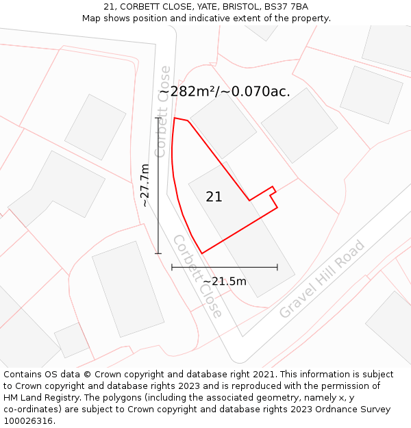 21, CORBETT CLOSE, YATE, BRISTOL, BS37 7BA: Plot and title map