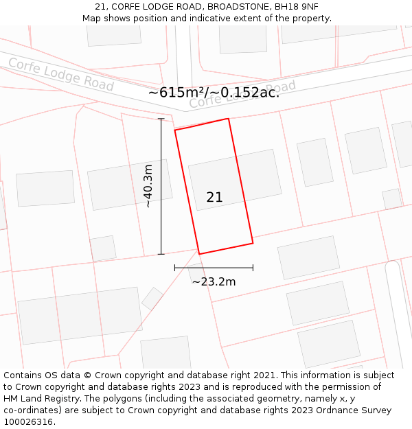 21, CORFE LODGE ROAD, BROADSTONE, BH18 9NF: Plot and title map