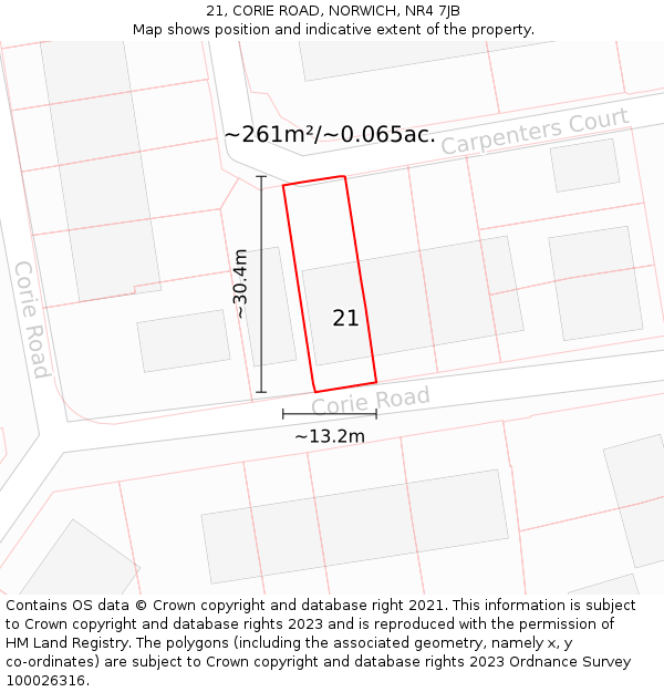 21, CORIE ROAD, NORWICH, NR4 7JB: Plot and title map