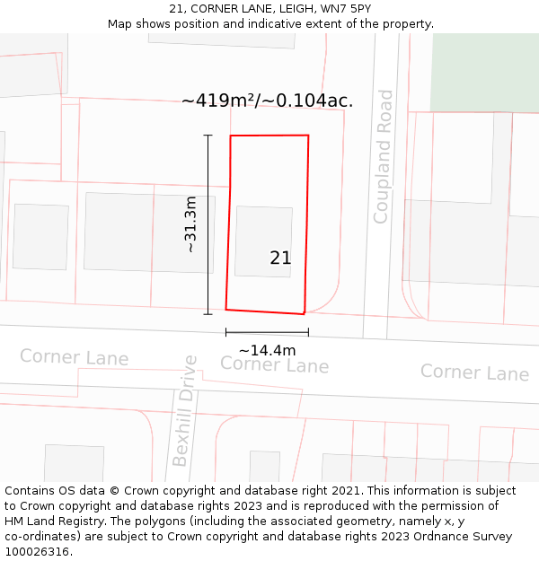 21, CORNER LANE, LEIGH, WN7 5PY: Plot and title map