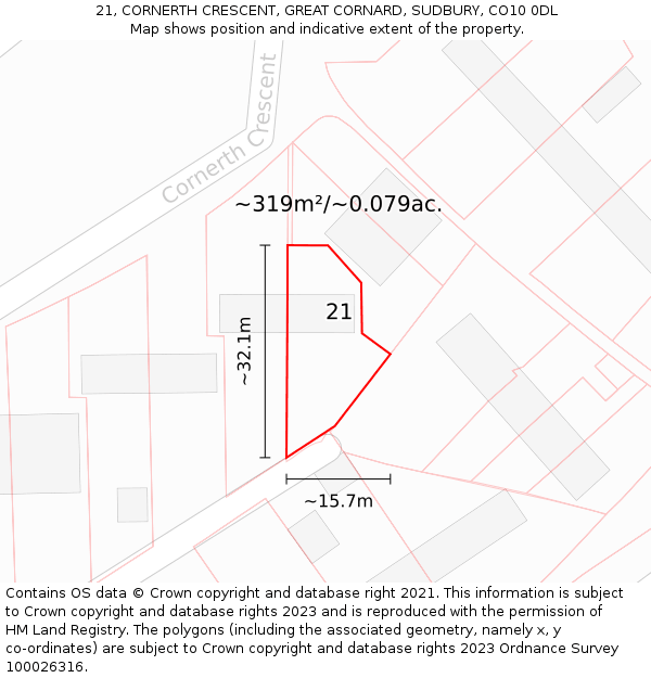 21, CORNERTH CRESCENT, GREAT CORNARD, SUDBURY, CO10 0DL: Plot and title map