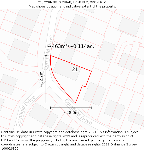 21, CORNFIELD DRIVE, LICHFIELD, WS14 9UG: Plot and title map