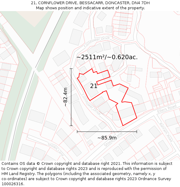 21, CORNFLOWER DRIVE, BESSACARR, DONCASTER, DN4 7DH: Plot and title map