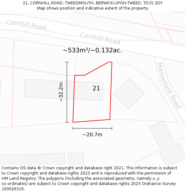 21, CORNHILL ROAD, TWEEDMOUTH, BERWICK-UPON-TWEED, TD15 2DY: Plot and title map