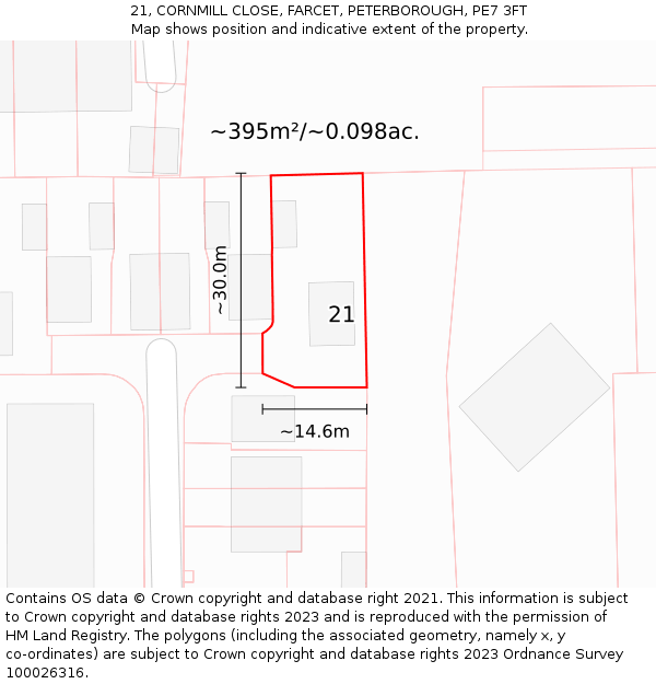 21, CORNMILL CLOSE, FARCET, PETERBOROUGH, PE7 3FT: Plot and title map