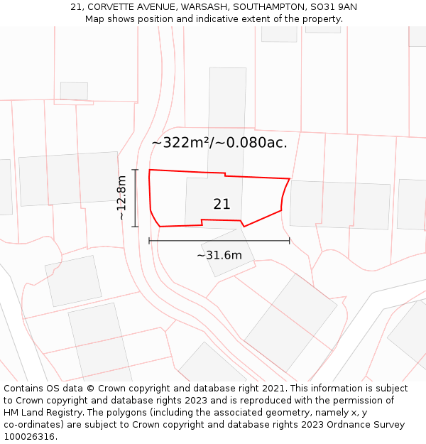 21, CORVETTE AVENUE, WARSASH, SOUTHAMPTON, SO31 9AN: Plot and title map