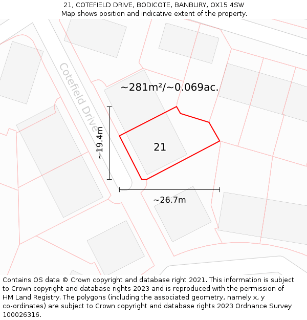 21, COTEFIELD DRIVE, BODICOTE, BANBURY, OX15 4SW: Plot and title map