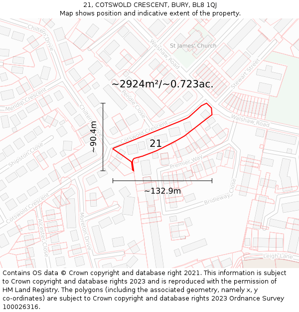 21, COTSWOLD CRESCENT, BURY, BL8 1QJ: Plot and title map