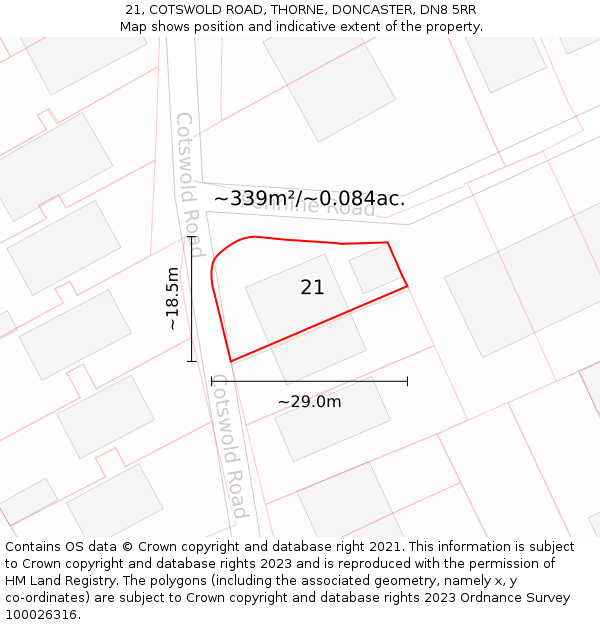 21, COTSWOLD ROAD, THORNE, DONCASTER, DN8 5RR: Plot and title map