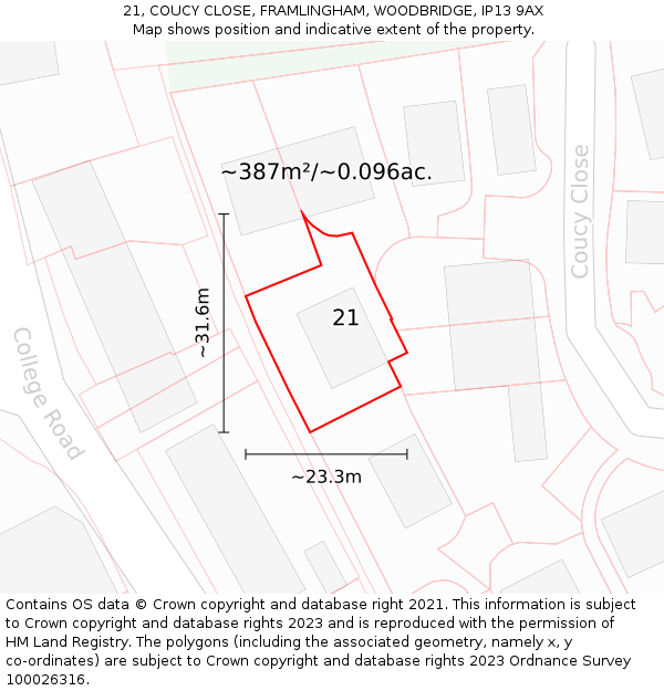 21, COUCY CLOSE, FRAMLINGHAM, WOODBRIDGE, IP13 9AX: Plot and title map