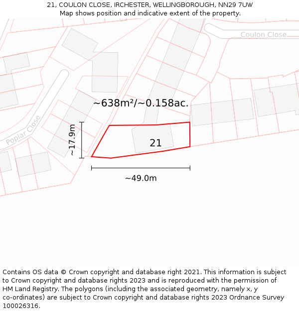 21, COULON CLOSE, IRCHESTER, WELLINGBOROUGH, NN29 7UW: Plot and title map