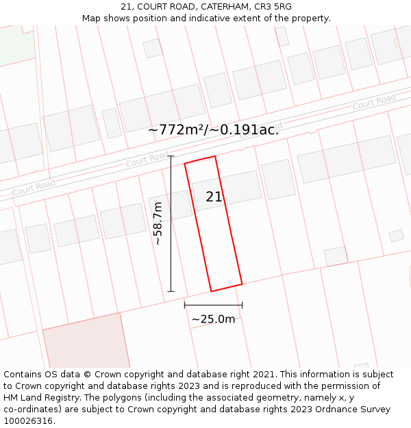 21, COURT ROAD, CATERHAM, CR3 5RG: Plot and title map