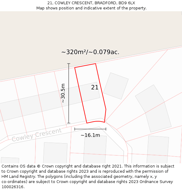 21, COWLEY CRESCENT, BRADFORD, BD9 6LX: Plot and title map