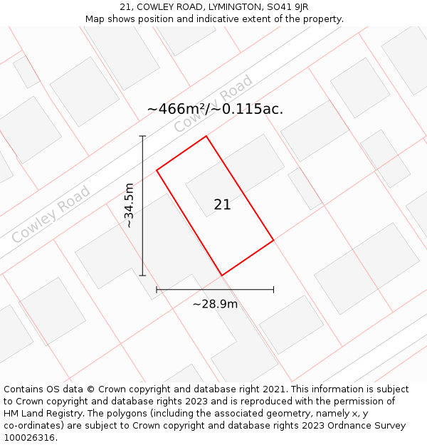 21, COWLEY ROAD, LYMINGTON, SO41 9JR: Plot and title map