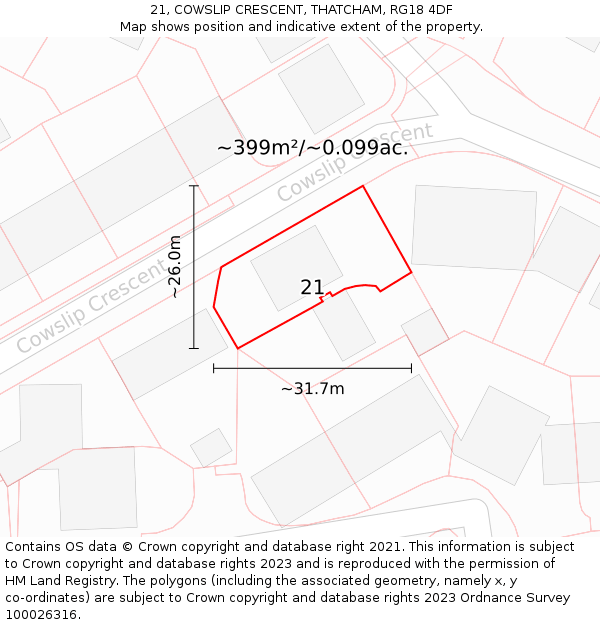 21, COWSLIP CRESCENT, THATCHAM, RG18 4DF: Plot and title map
