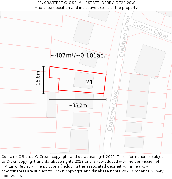 21, CRABTREE CLOSE, ALLESTREE, DERBY, DE22 2SW: Plot and title map