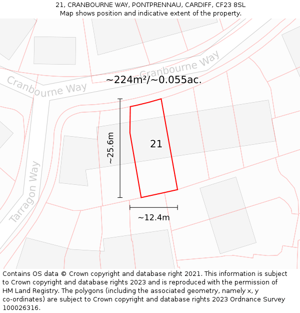 21, CRANBOURNE WAY, PONTPRENNAU, CARDIFF, CF23 8SL: Plot and title map