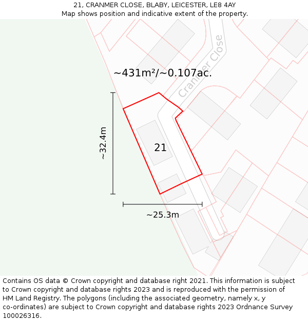 21, CRANMER CLOSE, BLABY, LEICESTER, LE8 4AY: Plot and title map