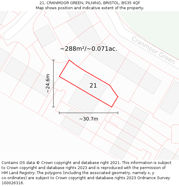 21, CRANMOOR GREEN, PILNING, BRISTOL, BS35 4QF: Plot and title map