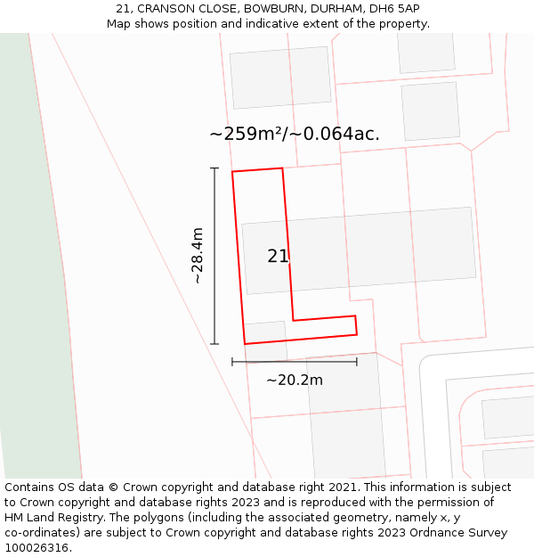 21, CRANSON CLOSE, BOWBURN, DURHAM, DH6 5AP: Plot and title map