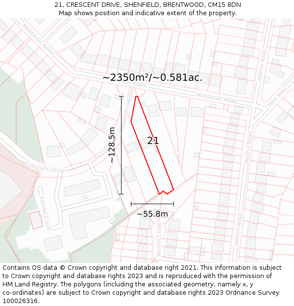 21, CRESCENT DRIVE, SHENFIELD, BRENTWOOD, CM15 8DN: Plot and title map
