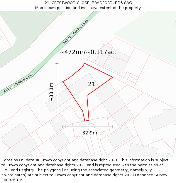 21, CRESTWOOD CLOSE, BRADFORD, BD5 8AG: Plot and title map