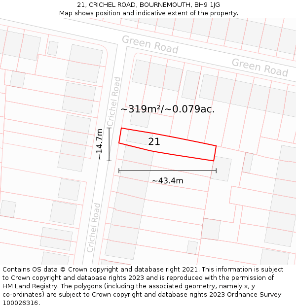 21, CRICHEL ROAD, BOURNEMOUTH, BH9 1JG: Plot and title map