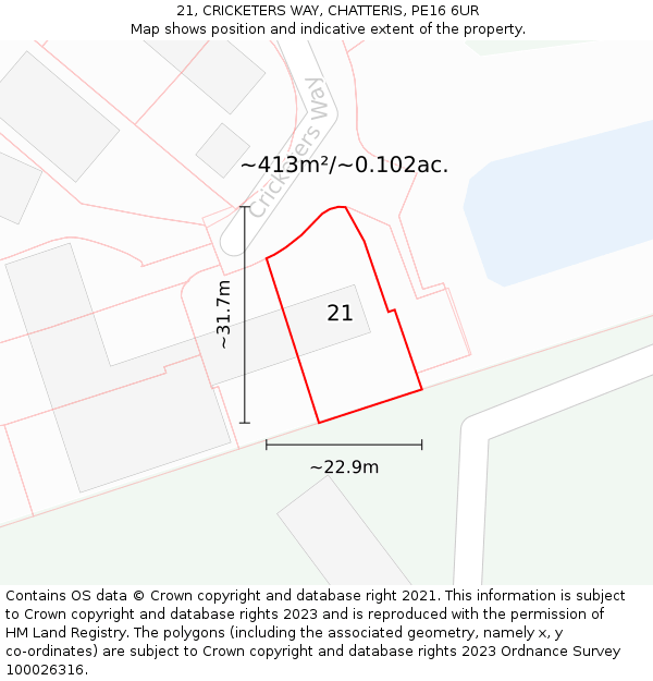 21, CRICKETERS WAY, CHATTERIS, PE16 6UR: Plot and title map