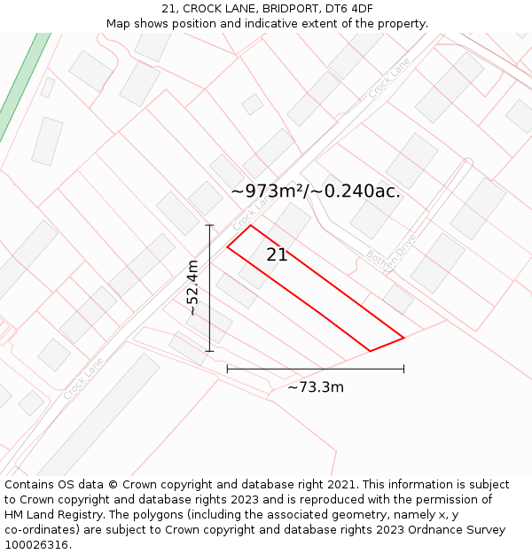 21, CROCK LANE, BRIDPORT, DT6 4DF: Plot and title map