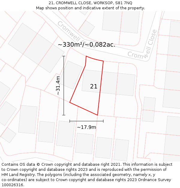 21, CROMWELL CLOSE, WORKSOP, S81 7NQ: Plot and title map