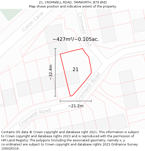 21, CROMWELL ROAD, TAMWORTH, B79 8ND: Plot and title map