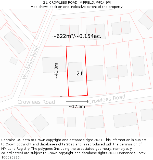 21, CROWLEES ROAD, MIRFIELD, WF14 9PJ: Plot and title map